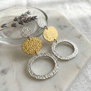 Hammered Mixed Metal Earrings 18K Gold Plated Silver Zamak Geometric Istanbul